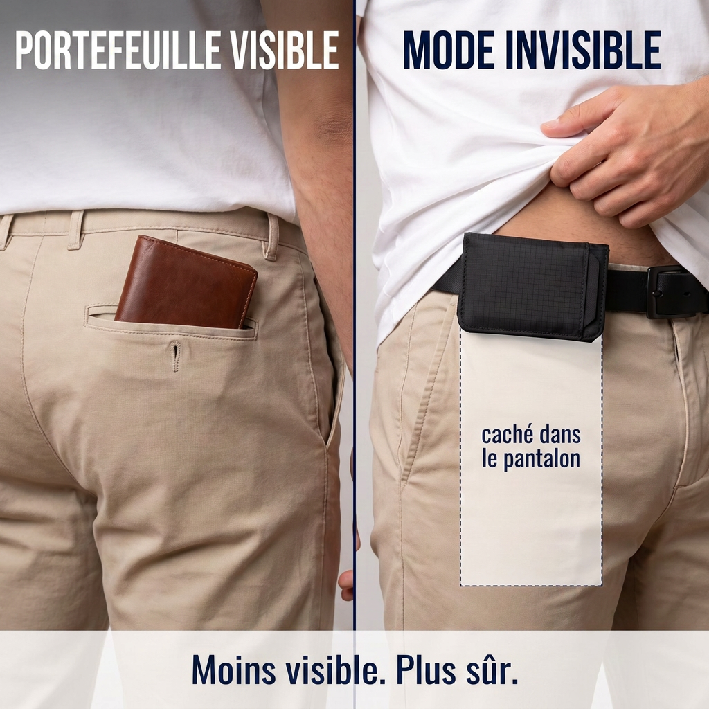 Le portefeuille fixé à la ceinture, caché à l'intérieur du pantalon