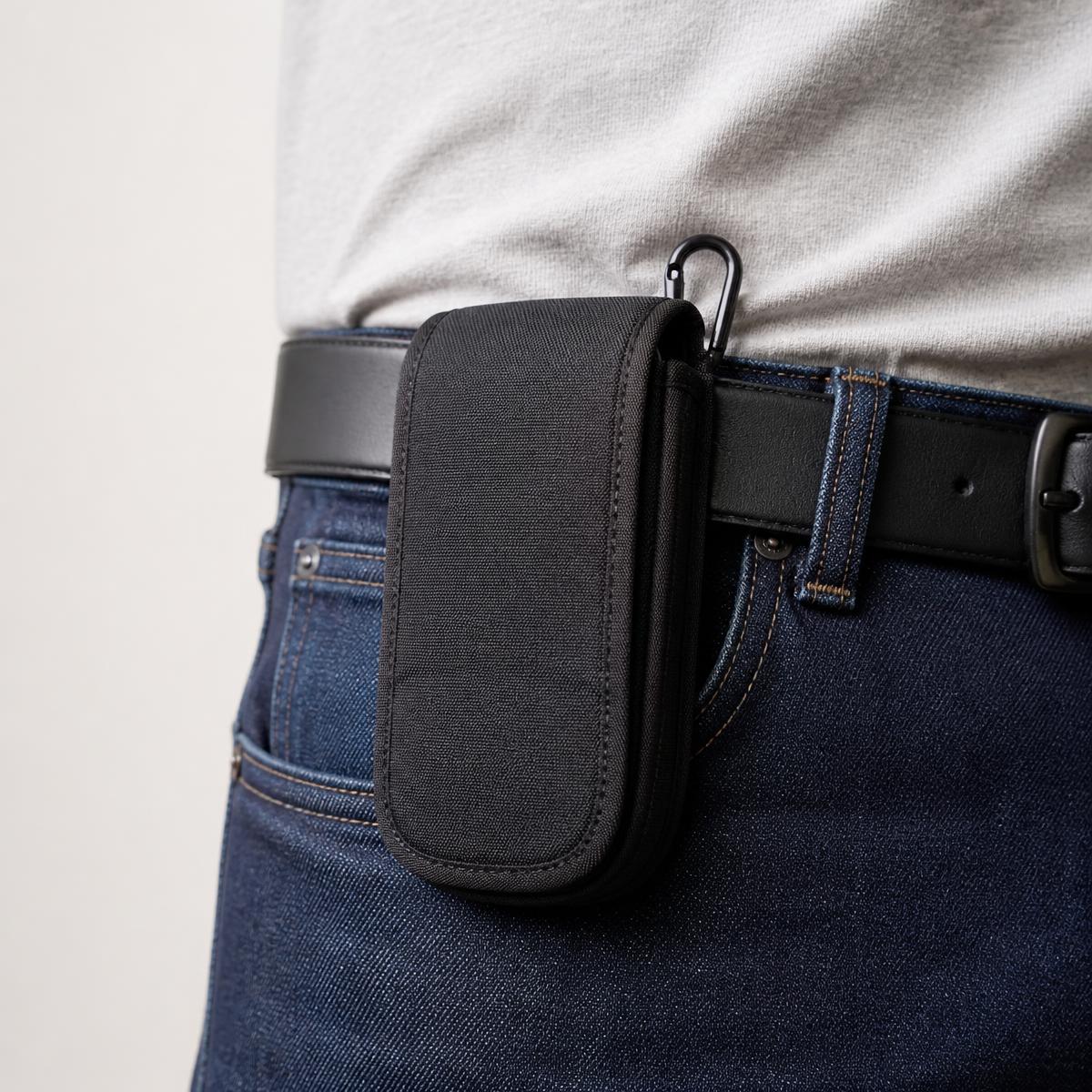 Portefeuille de ceinture fixé sur une ceinture en cuir noir