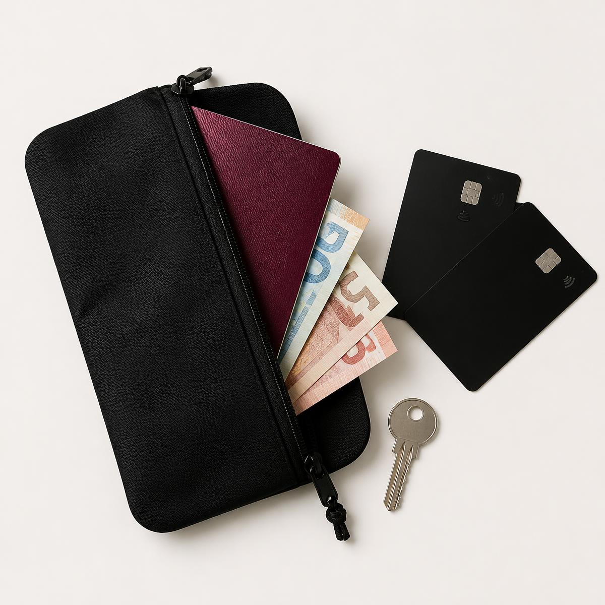Passeport, cartes bancaires et espèces rangés dans la pochette